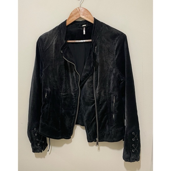 Free People Jacket Size Medium Lace-Up Sleeves Velvet Moto Jacket Romantic - Picture 11 of 16